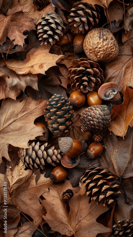 Poster a collection of pine cones, acorns, and dried leaves lie scattered across the forest floor, creating