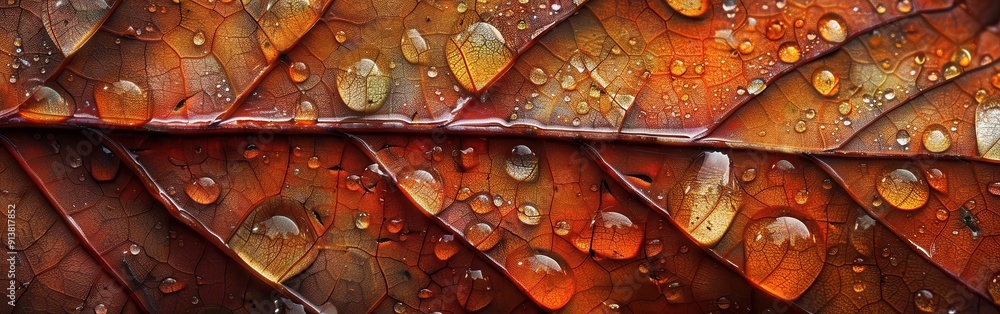Poster A close-up image of a single autumn leaf with its intricate veins and veins covered in dew drops. The leaf is shades of orange, red, and brown, reflecting the light from the dew drops.
