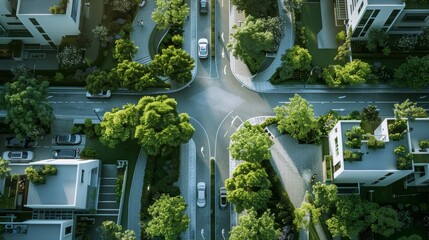 Aerial View of a Green Urban Neighborhood with Electric Vehicle Infrastructure and Bike Lanes