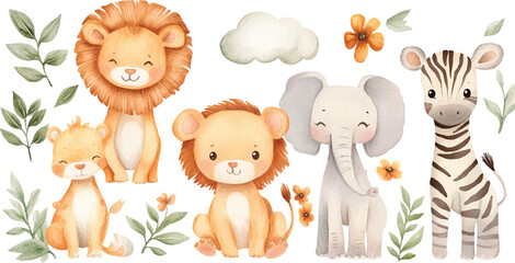 Obraz premium watercolor cute jungle baby animals, lion tiger elephant giraffe zebra cloud leaves plants flowers neutral colors isolated