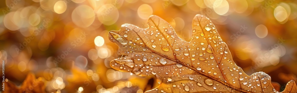 Poster A close-up view of a single, golden oak leaf covered in dewdrops. The leaf is backlit by the sun, casting a warm glow on the droplets. The background is blurred, featuring a bokeh effect of out-of-foc