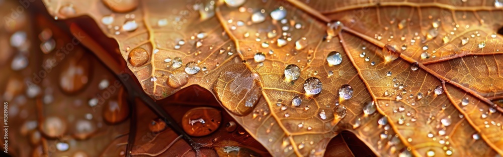 Poster a close-up image of a single brown autumn leaf covered in dew drops, showcasing the intricate veins 