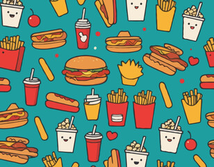 Retro Cartoon Fast Food Characters Embody Vibrant And Funky Vibes. French Fries, Hot Dog, Cola And Pizza. Pop Corn