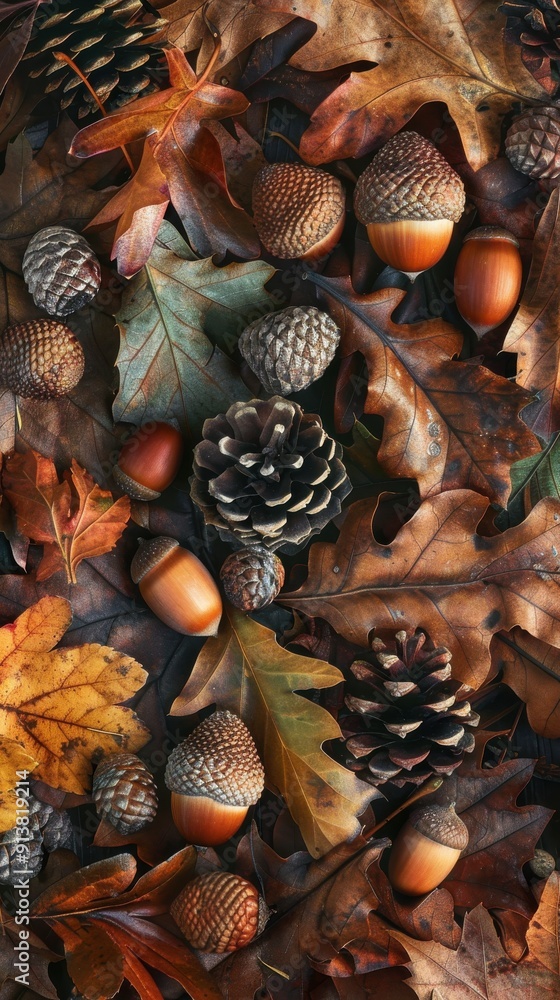 Poster a close-up view of the forest floor in autumn, featuring fallen acorns, pine cones, and leaves in va