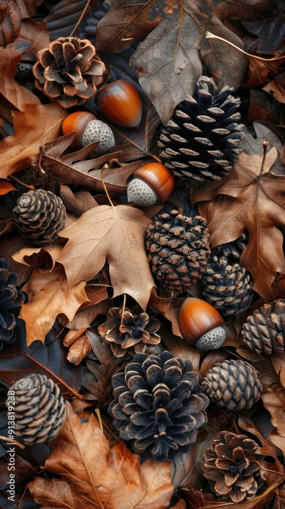 Poster a collection of pine cones and acorns rest on a bed of fallen leaves, showcasing the colors and text