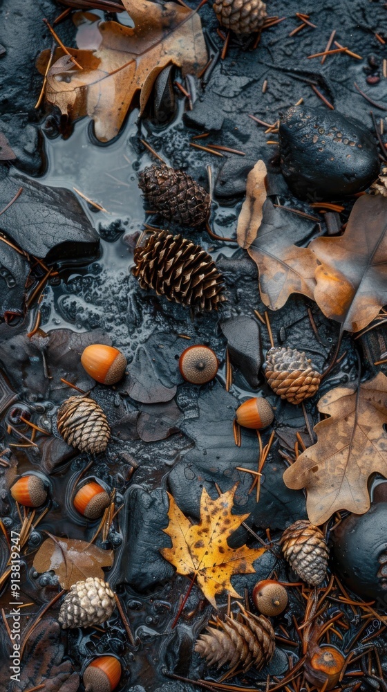 Poster a close-up view of a forest floor in autumn, showcasing a variety of natural elements including pine