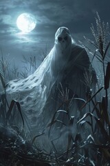 Eerie Scarecrow in Moonlit Cornfield - Spooky Halloween Scene, Perfect for Dark Autumn Themes