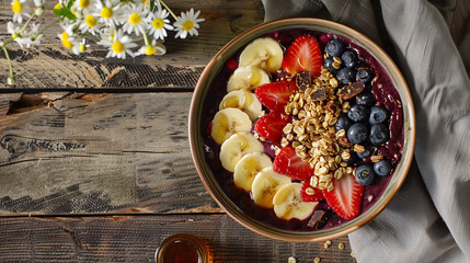 an acai bowl topped with sliced bananas, strawberries, blueberries, granola, and a drizzle of honey, placed on a rustic wooden table with a linen napkin and a small vase of fresh flowers nearby