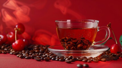 Fototapeta premium cup of coffee with beans and Cherries on red background