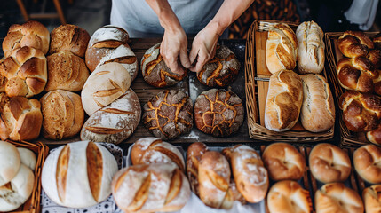 an artisanal bread stand at a market, featuring a variety of freshly baked loaves and rolls, with the vendor’s hands visible arranging the display