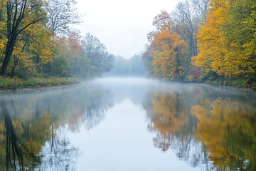 Fototapeta premium Misty Autumn Morning by River with Reflective Fall Foliage 