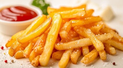 Tasty french fries and ketchup, delicious food.