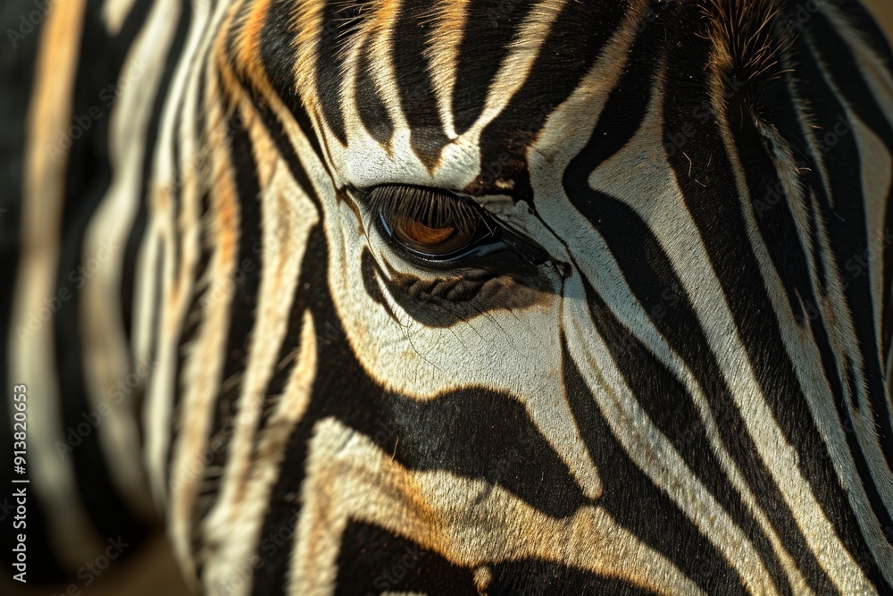 Poster detailed macro shot capturing the eye and striped pattern of a zebra in sunlight