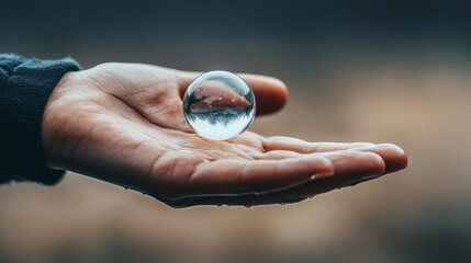 A hand holding a clear glass ball
