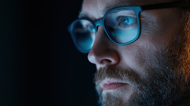 Thoughtful man with beard and glasses in blue light