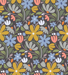 Vector summer seamless pattern with natural elements, flowers, leaves in modern trendy style.