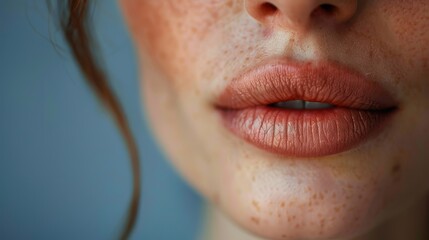  A tight shot of a woman's face, displaying freckles on her skin, and the backs of her hands with freckled nails near her lips