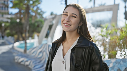 Smiling young brunette woman in casual attire on a sunny urban street.