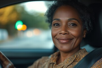 A confident woman smiles while driving a car in a city setting with blurred lights in the background.