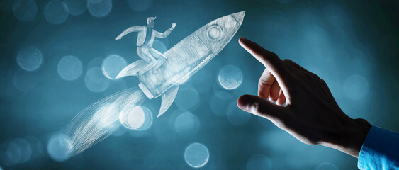 illustration of a man on a rocket fast takeoff to success