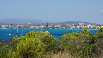 The Reserva Marina de la Bahía de Palma with the view of S'Arenal from the Mirador Son Verí Nou on the island Mallorca in Spain in August