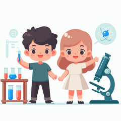 Science kids. Children in chemistry laboratory little boys and girls vector cute people. Laboratory science, laboratory education experiment illustration