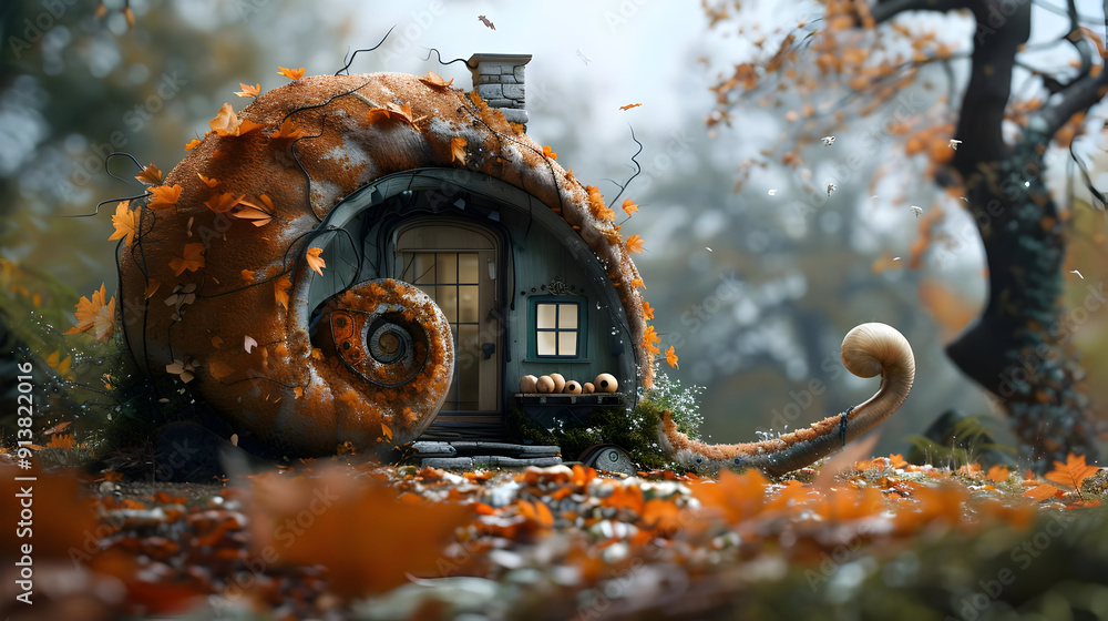 Canvas Prints Snail House Illustration in Autumn Forest