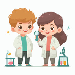 Fototapeta premium Science kids. Children in chemistry laboratory little boys and girls vector cute people. Laboratory science, laboratory education experiment illustration