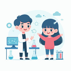 Fototapeta premium Science kids. Children in chemistry laboratory little boys and girls vector cute people. Laboratory science, laboratory education experiment illustration