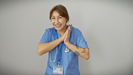 Cheerful caucasian nurse with tattoos smiling in blue scrubs against a white background