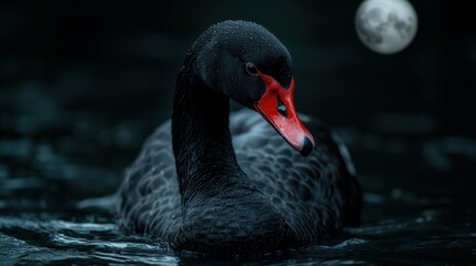 Obraz premium Majestic black swan swimming in dark waters under the moonlight