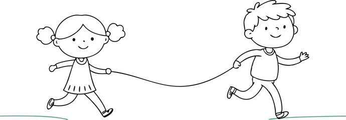 Happy Children Playing With Jump Rope in Black and White Illustration