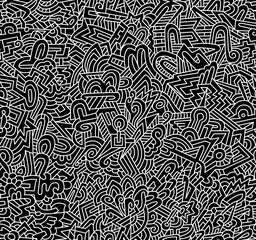 Fototapeta premium Black and white cartoon pattern on white background, doodle and abstract design, seamless background. 