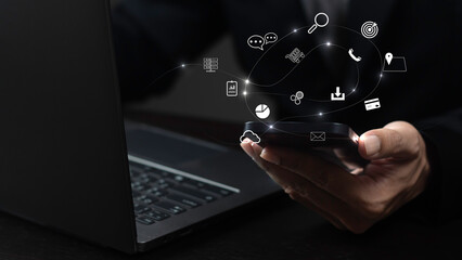 Internet of Things and Digital marketing concept. Businessman working with mobile phone  with VR icon diagram.