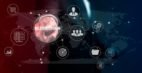 businessman touching a smart contract and executing a cryptocurrency transaction with blockchain...