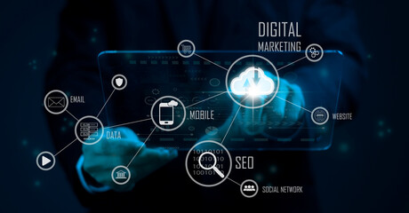 Internet of Things and Digital marketing concept. Businessman working with mobile phone or tablet with VR icon diagram.