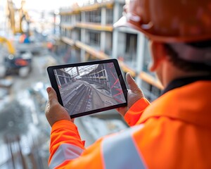 Close-up of an engineer's hands holding and interacting with a tablet, with a construction site in the background