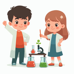 Science kids. Children in chemistry laboratory little boys and girls vector cute people. Laboratory science, laboratory education experiment illustration