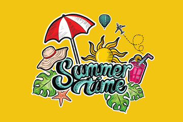 Hand drawn summer time vector banner design with colorful vintage  beach elements on yellow background Hand drawing vector illustration Summer vacation design element for card or banner designs