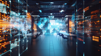 Fototapeta premium A holographic virtual classroom for distance learning, showcasing futuristic technology and interactive student engagement.