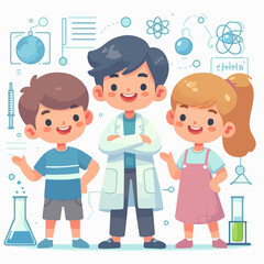 Science kids. Children in chemistry laboratory little boys and girls vector cute people. Laboratory science, laboratory education experiment illustration