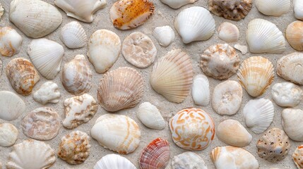 Assortment of seashells on sandy beach