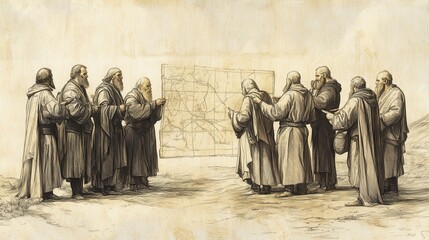 Fototapeta premium Biblical Illustration of The Allotment for Manasseh: The people of Manasseh examining the map, discussing the extent of their new land, Beige Background