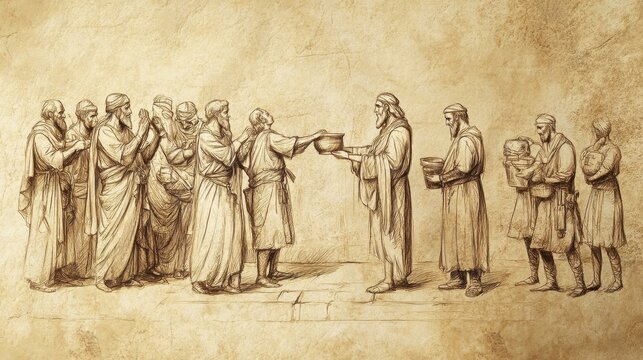 Biblical Illustration of The Levitical Cities: The Levites receiving tithes and offerings from the Israelites to support their ministry, Beige Background