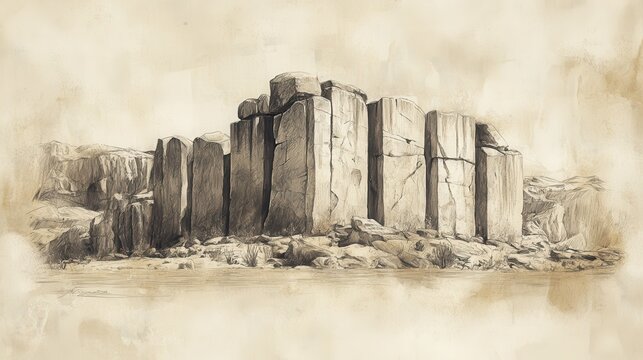 Biblical Illustration of Crossing the Jordan: The twelve-stone memorial standing tall by the Jordan River, a testament to God&rsquo;s power and faithfulness, Beige Background