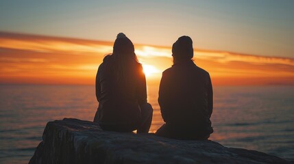  A few people seated atop a cliff, overlooking the ocean, behold the sun's ascent