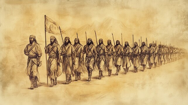 Biblical Illustration of The Conquest of Northern Canaan: The Israelite army marching towards the battlefield with confidence, Beige Background