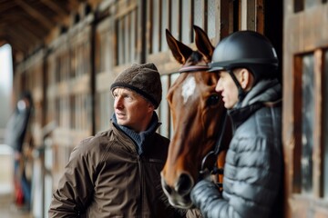 Trainer and Jockey Discussing Race Strategy with Horse in Stable for Equestrian Enthusiasts