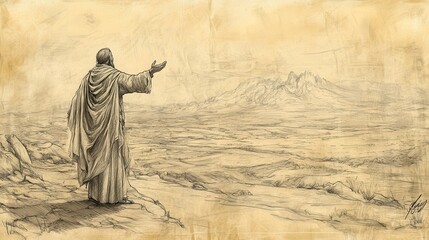 Biblical Illustration of The Allotment for Simeon: Joshua praying for God&rsquo;s blessing over the tribe of Simeon and their new land, Beige Background