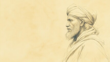 Fototapeta premium Biblical Illustration of Joshua's Farewell Address: Joshua standing before the people, his face showing wisdom and years of leadership, Beige Background